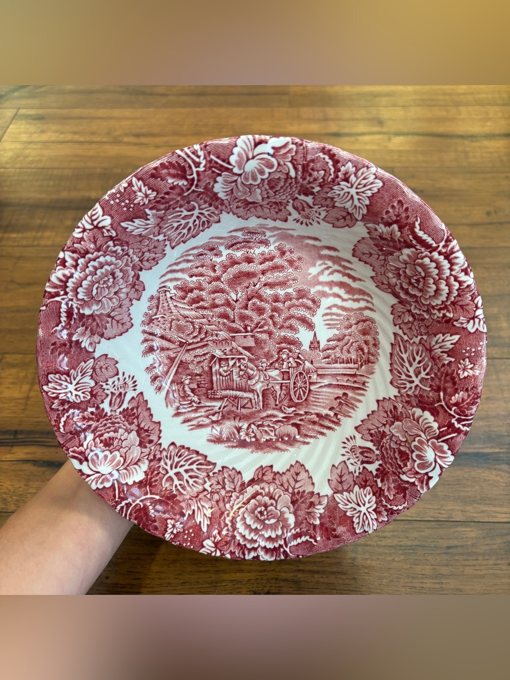 Vtg Enoch Woods English Scenery Pink Red Transfer Ware 8” Deep Fruit Salad Bowl